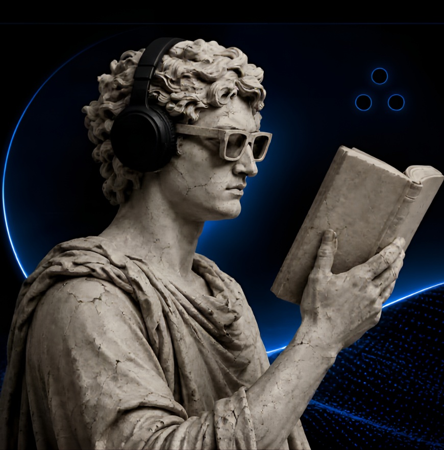 Classical statue wearing headphones and glasses, reading a book, representing OpenSky's blend of timeless judgment and modern AI